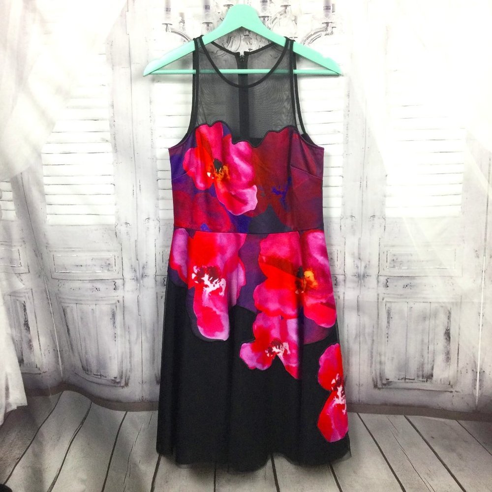 Badgley Mischka Black Midi Dress with Pink & Red Floral Print